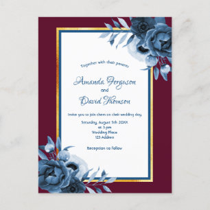 Blauer Bordeaux-Goldfloral Einladung zur Hochzeit Postkarte