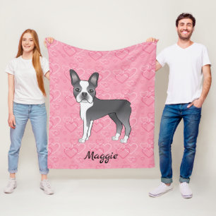 Blauer Boston Terrier Hund auf rosa Herzen und Nam Fleecedecke