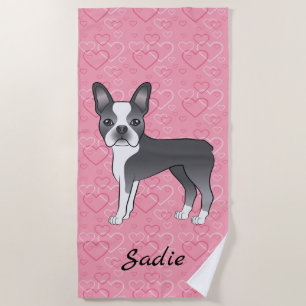 Blauer Boston Terrier Hund auf rosa Herzen und Nam Strandtuch