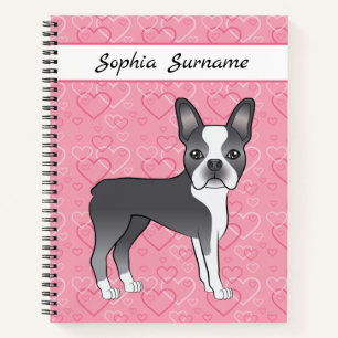 Blauer Boston Terrier Hund auf rosa Herzen und Tex Notizbuch