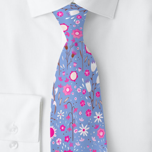 Blauer botanischer Flor Krawatte (Blue and pink modern floral botanical neck tie)