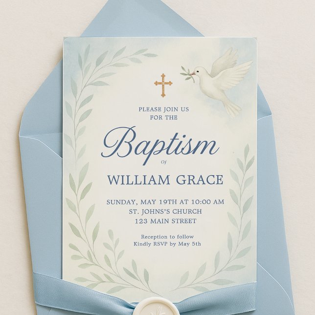Blauer botanischer Taufen Einladung mit Taube (blue-baptism-invitation-envelope-flatlay-boy-botanical-william.png)