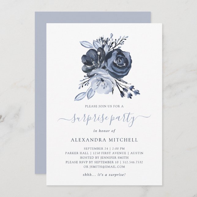Blauer Bouquet| Aquarell Floral Surprise Party Einladung (Vorne/Hinten)