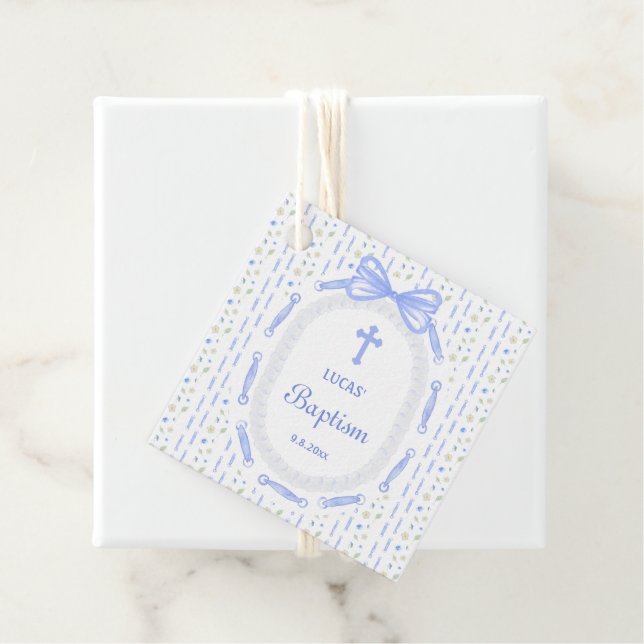 Blauer Bow-Band-Rahmen Blumentaufen Geschenkanhänger (Beispiel)