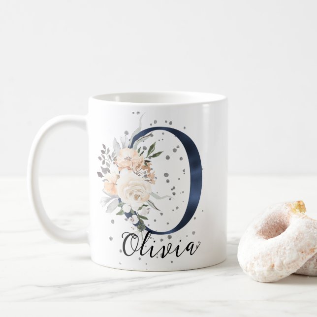 Blauer Brief an die Creme Floral Monogram Kaffeetasse (Mit Donut)