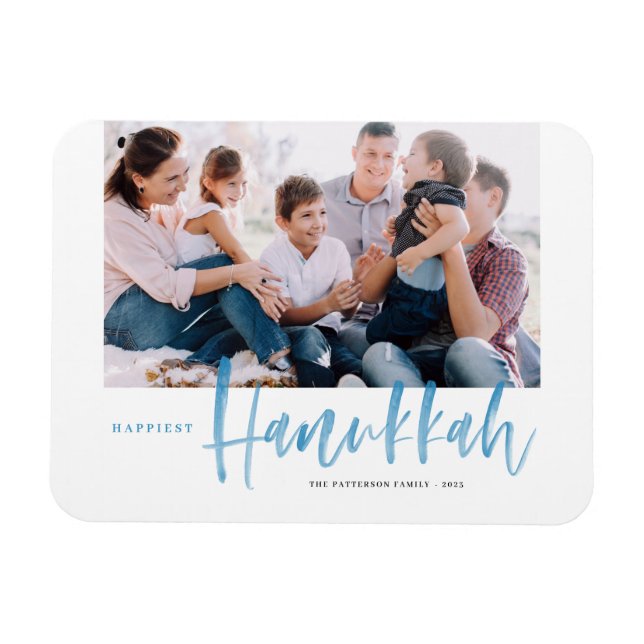 Blauer Brush Kalligrafie Happiest Hanukkah-Foto Magnet (Horizontal)
