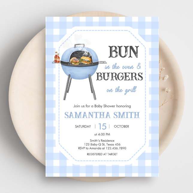 Blauer Burger BBQ Baby Shower Einladung (Bun and Burgers Baby Shower Invitation)