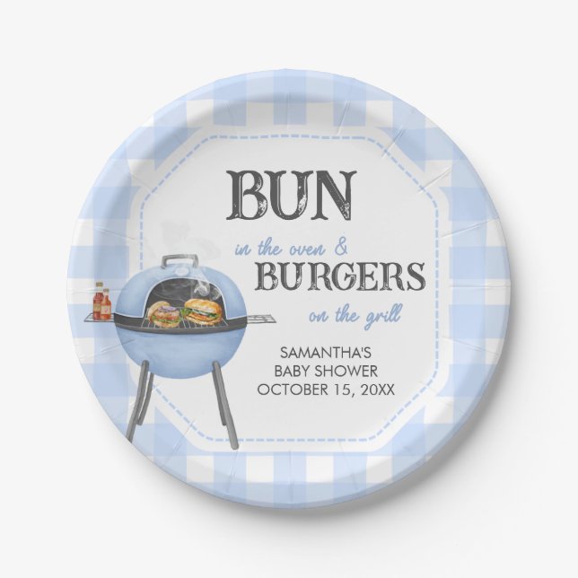 Blauer Burger BBQ Baby Shower Pappteller (Vorderseite)