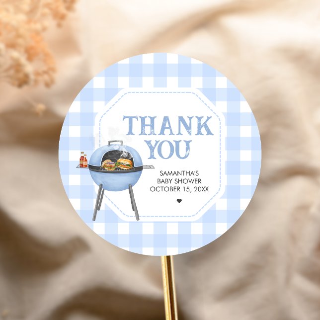 Blauer Burger BBQ Baby Shower Runder Aufkleber (Bun and Burgers Baby Shower Sticker)