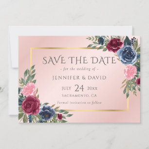 Blauer Burgund Blush Pink Gold Floral Save The Date
