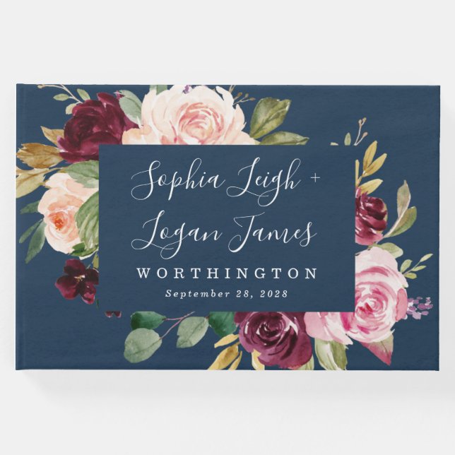 Blauer Burgund Gold Blush Pink Blues Hochzeit Gästebuch (Vorderseite)