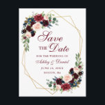 Blauer Burgundy Blauer Goldrahmen Save the Date Ankündigungspostkarte<br><div class="desc">Moderne Elegant,  Aquarellfarben Burgundy Marsala Blauer Rahmen,  Goldene geometrische Rahmen,  Save the Date Verlobung Postkarte</div>
