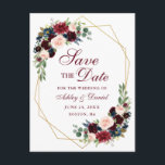 Blauer Burgundy Blauer Goldrahmen Save the Date Ankündigungspostkarte<br><div class="desc">Moderne Elegant,  Aquarellfarben Burgundy Marsala Blauer Rahmen,  Goldene geometrische Rahmen,  Save the Date Verlobung Postkarte</div>