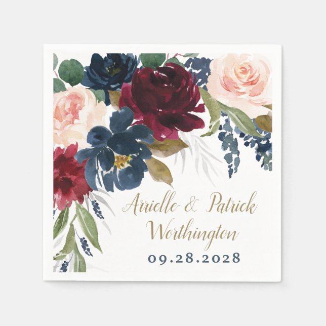 Blauer Burgundy Blush Pink Silver Gold Wedding Serviette (Vorderseite)