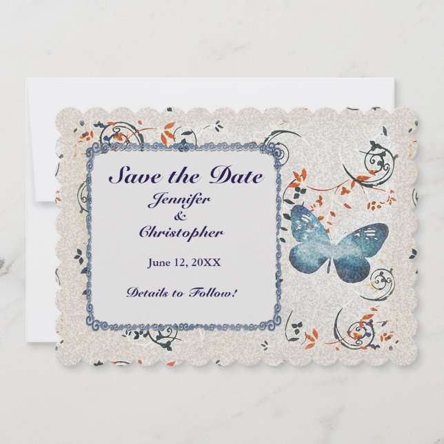 Blauer Butterfly & Leaf Wirbel Save The Date (Vorderseite)