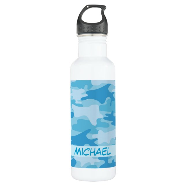Blauer Camouflage-Tarnungs-Name personalisiert Trinkflasche (Vorderseite)