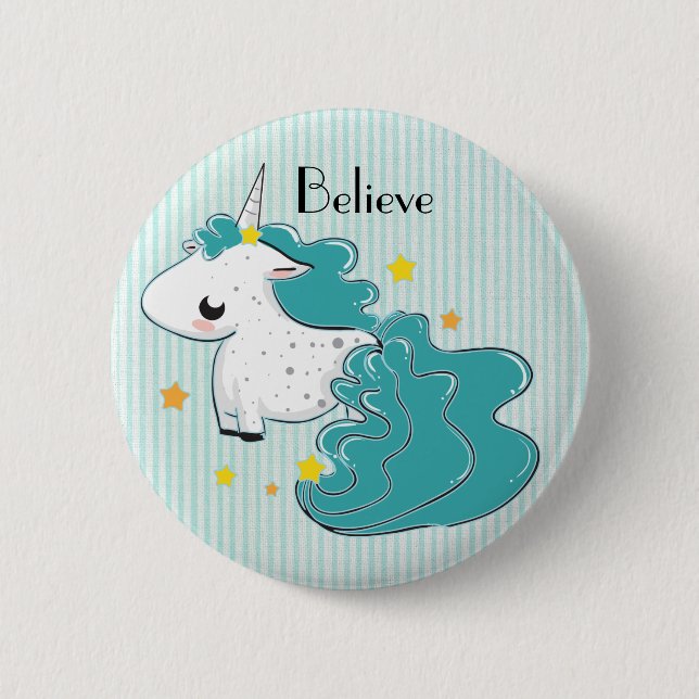 Blauer Cartoon Unicorn mit Sternknopf Button (Vorderseite)