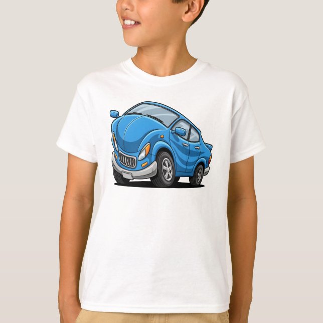 Blauer Cartoon-Wagen T-Shirt (Vorderseite)