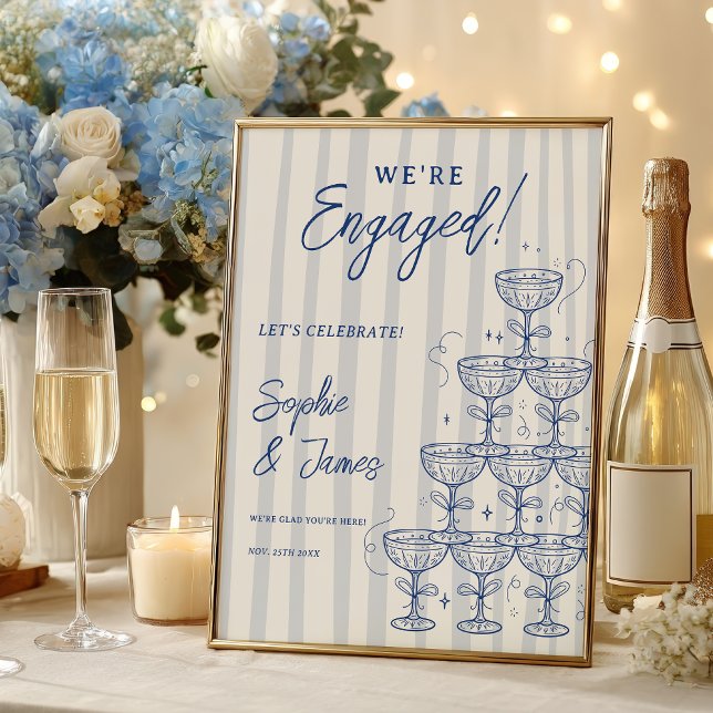 Blauer Champagner-Turm Verlobung Hochzeit Willkomm Poster (Blue Champagne Tower Engagement Wedding Welcome Poster)