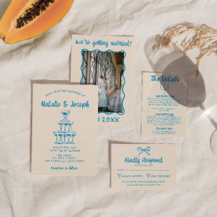 Blauer Champagnerturm Hochzeit in Handgezeichnetes Einladung