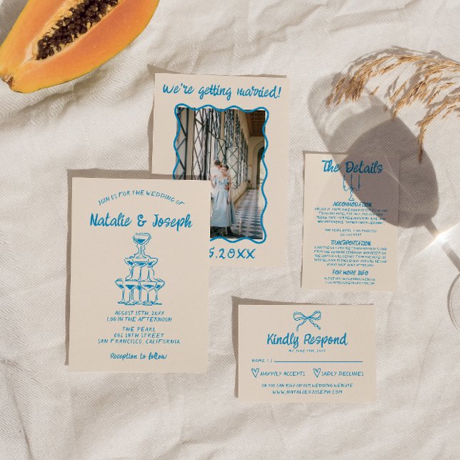 Blauer Champagnerturm Hochzeit in Handgezeichnetes Einladung (Von Creator hochgeladen)