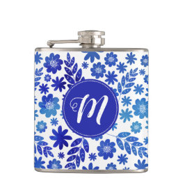 Blauer China, Blütenmuster und Monogramm Flachmann