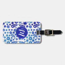 Blauer China, Blütenmuster und Monogramm Gepäckanhänger