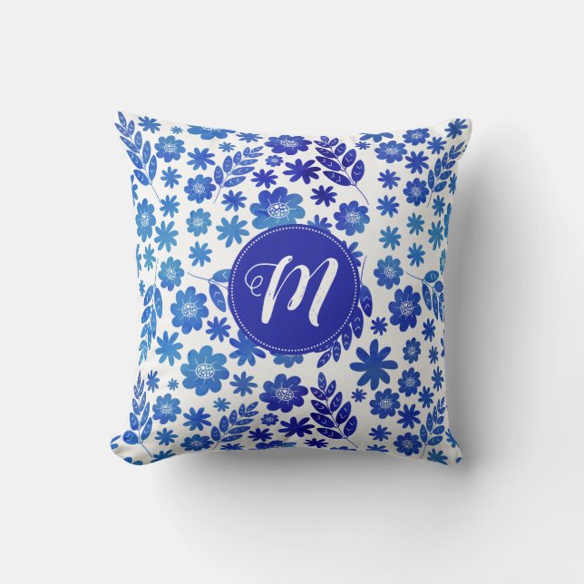 Blauer China, Blütenmuster und Monogramm Kissen (Vorderseite)