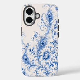 Blauer Chinoiserie-Pfauenfeder-Handyhülle iPhone 16 Hülle