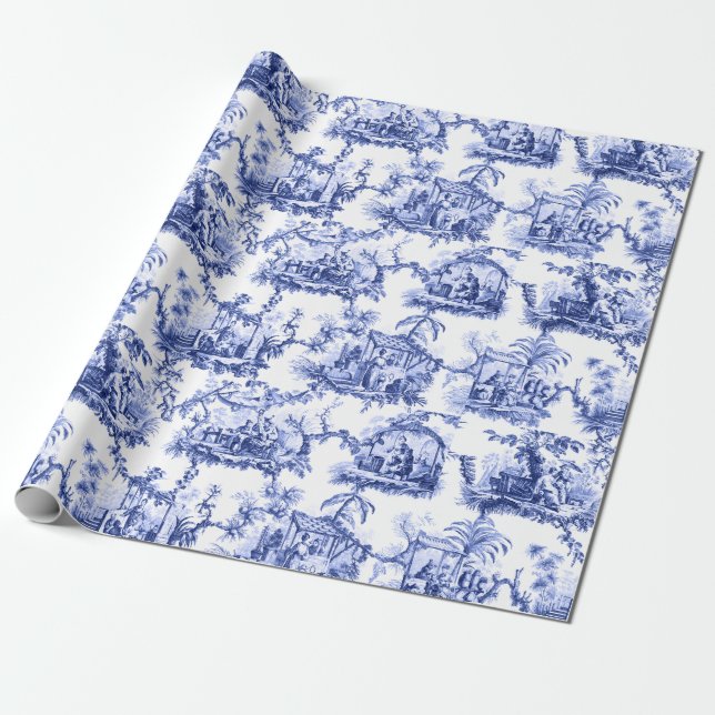Blauer Chinoiserie Toile Geschenkpapier (Ungerollt)