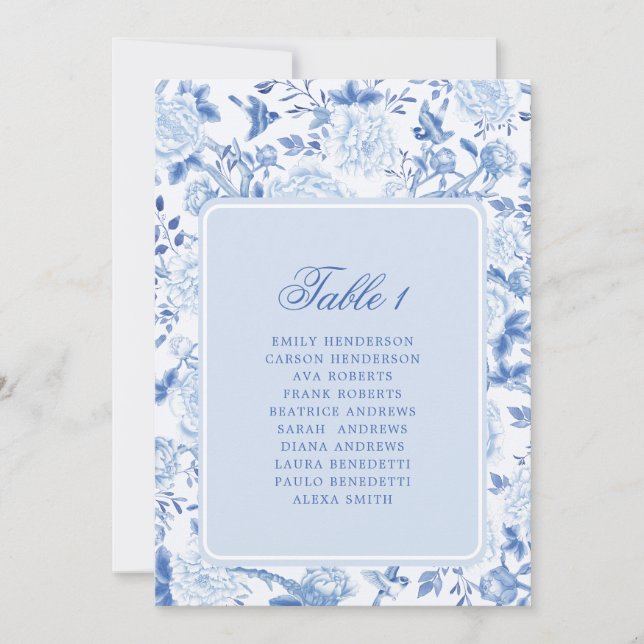 Blauer Chinoiserie-Toile-Sitzplan-Tischnummer (Vorderseite)