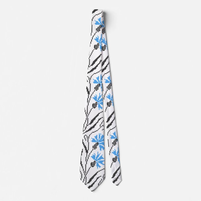 Blauer Cornflower-Kreuzstich-Design Krawatte (Vorderseite)