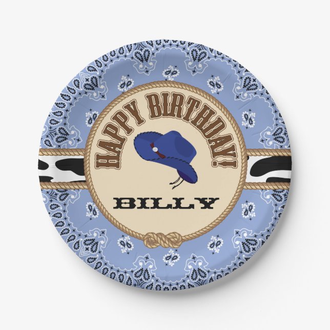 Blauer Cowboy-Geburtstag, kundengerechter Teller (Vorderseite)