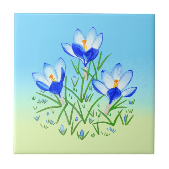 Blauer Crocus Blassblau und Gelbe Keramik Tile Fliese (Vorderseite)