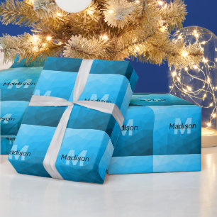 Blauer Cyan-Verlauf geometrisches Mesh-Muster Mono Geschenkpapier