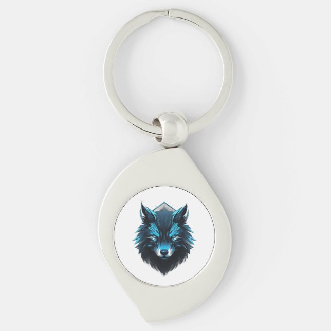 Blauer Cyber-Wolf-Grafik Schlüsselanhänger (Vorderseite)