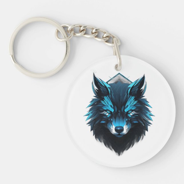 Blauer Cyber-Wolf-Grafik Schlüsselanhänger (Vorderseite)