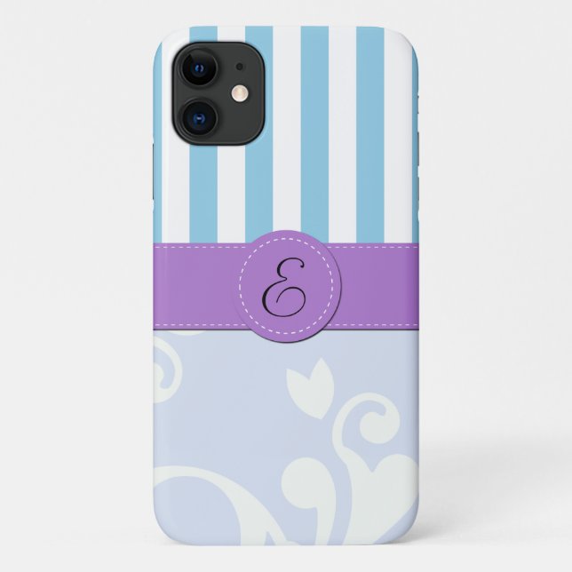 Blauer Damast, blaue Streifen, Streifen, Monogramm Case-Mate iPhone Hülle (Rückseite)