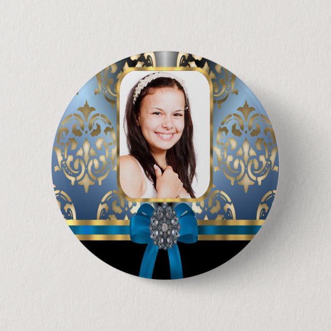 Blauer Damast Button (Vorderseite)