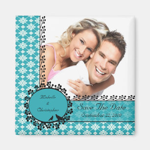 Blauer Damast-Liebe-Vogel-Foto-Save the Date Magnet
