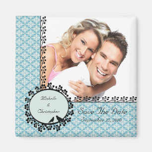 Blauer Damast-Liebe-Vogel-Foto-Save the Date Magnet