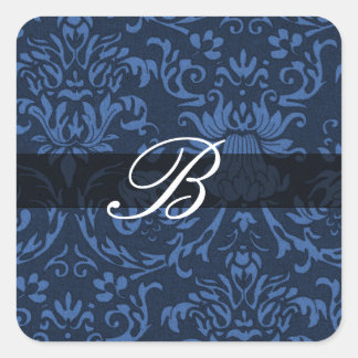 Blauer Damast mit Monogramm-Kalligrafie B Quadratischer Aufkleber