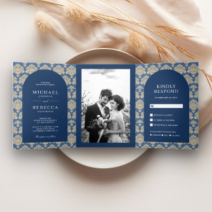 Blauer Damast-Muster-Marokkanischer-Bogen-Hochzeit Dreifach Gefaltete Einladung