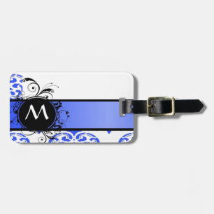 Blauer Damast Muster und Monogramm Gepäckanhänger