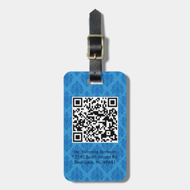 Blauer Damast QR CODE Gewohnheits-Gepäckanhänger Gepäckanhänger (Vorderseite vertikal)
