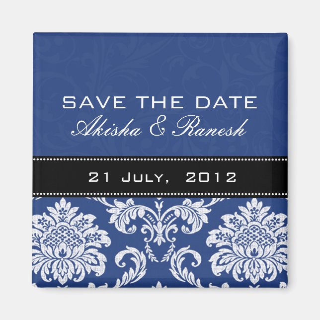 Blauer Damast-Save the Date Magnet (Vorne)