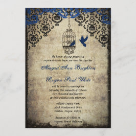 Blauer Damastbirdcage-Vintage Hochzeits-Einladung Einladung
