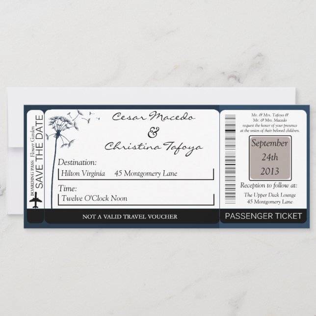 Blauer Dandeli Boarding Pass Hochzeit Einladung (Vorderseite)