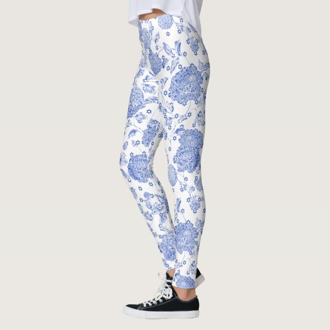 Blauer Davidsstern Blaues weißes BlumenToile Weiß Leggings (Links)