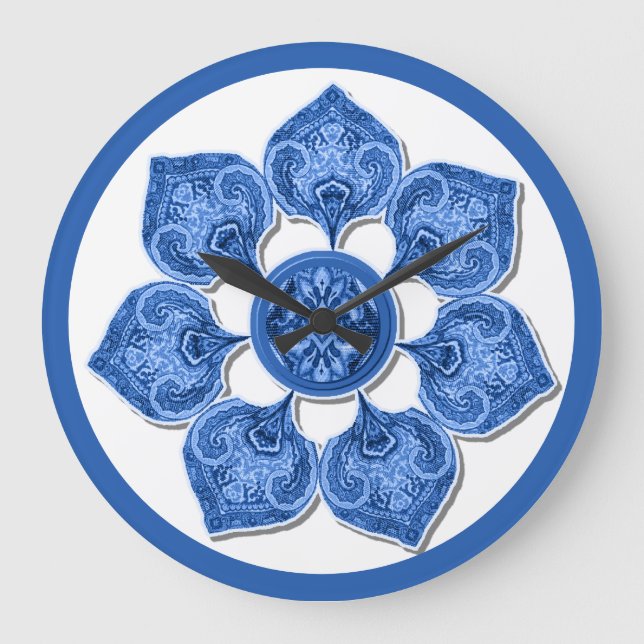Blauer Dekorstoff Cutout Blume Square Wall C Große Wanduhr (Vorderseite)